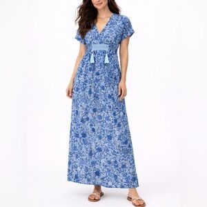 Blue Floral V-Neck Maxi Dress with Smocked Waist